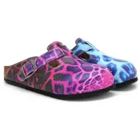 Calceo – Dames Clogs – Paars en Blauw Luipaardprint – Handgemaakt – Vegan Leer – Comfortabele Kurken Zool – Maat 37