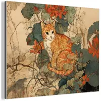 MuchoWow Aluminium schilderij 40x30 cm - Wanddecoratie metaal - Kat - Sierlijk - Bloemen - Metalen muurdecoratie woonkamer - Decoratie industrieel - Foto op dibond - Industriële accessoires slaapkamer