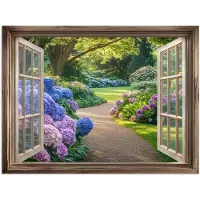 PosterMonkey Poster 120x90 cm - Doorkijk - Tuin - Raam - Hortensia - Bloemen - Posters - Kamer decoratie - Wanddecoratie woonkamer - Muurdecoratie slaapkamer