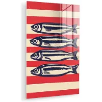 MuchoWow Glasschilderij 120x180 cm - Schilderij acrylglas - Sardines - Rood en beige strepen - Foto op glas - Muurdecoratie woonkamer - Wanddecoratie slaapkamer - Schilderijen
