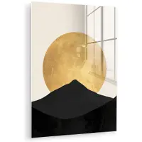 MuchoWow Glasschilderij 120x160 cm - Schilderij acrylglas - Bergsilhouetten - Gouden cirkel - Beige - Foto op glas - Muurdecoratie woonkamer - Wanddecoratie slaapkamer - Schilderijen