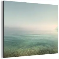 MuchoWow Aluminium schilderij 160x120 cm - Wanddecoratie metaal - Zee - Horizon - Blauw - Mist - Metalen muurdecoratie woonkamer - Decoratie industrieel - Foto op dibond - Industriële accessoires slaapkamer