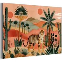 MuchoWow Aluminium schilderij 90x60 cm - Wanddecoratie metaal - Tijger - Palmen - Cactus - Oranje - Metalen muurdecoratie woonkamer - Decoratie industrieel - Foto op dibond - Industriële accessoires slaapkamer