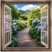 PosterMonkey Poster 75x75 cm - Doorkijk - Hortensia - Pad - Natuur - Posters - Kamer decoratie - Wanddecoratie woonkamer - Muurdecoratie slaapkamer
