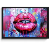 PosterMonkey Poster in lijst - Fotolijst 60x40 cm - Posters - Graffiti - Lippen - Felroze - Geschilderd - Posterlijst zwart - Decoratie - Wanddecoratie woonkamer - Muurdecoratie slaapkamer