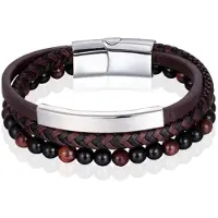 Memphis Heren armband Tijgeroog kraal gevlochten leer Zilverkleurig Bruin - 21cm