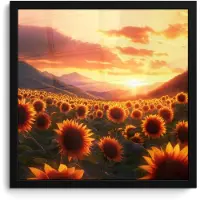 PosterMonkey Poster in lijst - Fotolijst 40x40 cm - Posters - Zonnebloemen - Zonsondergang - Landschap - Posterlijst zwart - Decoratie - Wanddecoratie woonkamer - Muurdecoratie slaapkamer