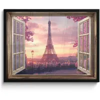 PosterMonkey Poster in lijst - Fotolijst 80x60 cm - Posters - Doorkijk - Parijs - Eiffeltoren - Roze - Kersenbloesem - Posterlijst zwart - Decoratie - Wanddecoratie woonkamer - Muurdecoratie slaapkamer