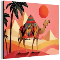 MuchoWow Aluminium schilderij 120x90 cm - Wanddecoratie metaal - Kameel - Pyramides - Rode zon - Metalen muurdecoratie woonkamer - Decoratie industrieel - Foto op dibond - Industriële accessoires slaapkamer