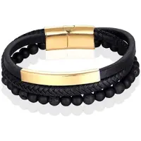 Memphis Heren armband Agaat kraal gevlochten leer Goudkleurig Zwart - 21cm