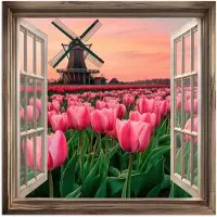PosterMonkey Poster 30x30 cm - Doorkijk - Tulpen - Bloemen - Molen - Raam - Posters - Kamer decoratie - Wanddecoratie woonkamer - Muurdecoratie slaapkamer