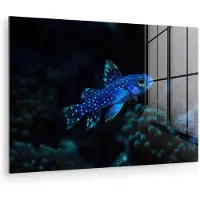 MuchoWow Glasschilderij 180x120 cm - Schilderij acrylglas - Vis - Stippen - Koraal - Blauw - Foto op glas - Muurdecoratie woonkamer - Wanddecoratie slaapkamer - Schilderijen
