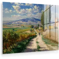 MuchoWow Glasschilderij 160x120 cm - Schilderij acrylglas - Mensen - Wandelen - Zandpad - Velden - Foto op glas - Muurdecoratie woonkamer - Wanddecoratie slaapkamer - Schilderijen