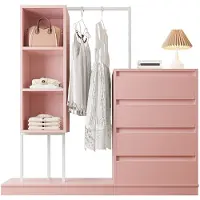 Merax Kledingkast met Laden en Kledingstang – Roze Kast met Open Vakken en Sideboard – Opbergkast voor Slaapkamer of Woonkamer – 140x40x135 cm