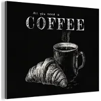 MuchoWow Aluminium schilderij 160x120 cm - Wanddecoratie metaal - Koffie - Croissant - Tekst - Metalen muurdecoratie woonkamer - Decoratie industrieel - Foto op dibond - Industriële accessoires slaapkamer