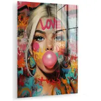 MuchoWow Glasschilderij 120x160 cm - Schilderij acrylglas - Vrouw - Kauwgom - Graffiti - Love - Foto op glas - Muurdecoratie woonkamer - Wanddecoratie slaapkamer - Schilderijen