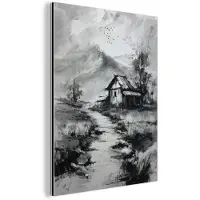MuchoWow Aluminium schilderij 60x80 cm - Wanddecoratie metaal - Hut - Grijs - Bergen - Mistig - Metalen muurdecoratie woonkamer - Decoratie industrieel - Foto op dibond - Industriële accessoires slaapkamer