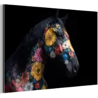 MuchoWow Aluminium schilderij 180x120 cm - Wanddecoratie metaal - Paard - Bloemen - Zwart - Metalen muurdecoratie woonkamer - Decoratie industrieel - Foto op dibond - Industriële accessoires slaapkamer