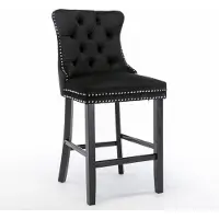 Merax Velours Barstoelen Set van 2 – Zwarte Barkrukken met Knopenpatroon - Houten Poten en Chrome Nagelrand – Luxe Wingback Design