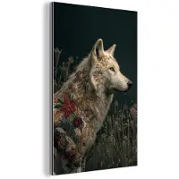 MuchoWow Aluminium schilderij 120x180 cm - Wanddecoratie metaal - Wolf - Bloemen - Natuur - Metalen muurdecoratie woonkamer - Decoratie industrieel - Foto op dibond - Industriële accessoires slaapkamer