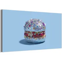 MuchoWow Aluminium schilderij 160x80 cm - Wanddecoratie metaal - Glitters - Hamburger - Blauw - Metalen muurdecoratie woonkamer - Decoratie industrieel - Foto op dibond - Industriële accessoires slaapkamer