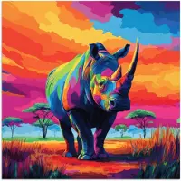 PosterMonkey Poster 100x100 cm - Neushoorn - Zonsondergang - Savanna - Kleurrijk - Posters - Kamer decoratie - Wanddecoratie woonkamer - Muurdecoratie slaapkamer XXL