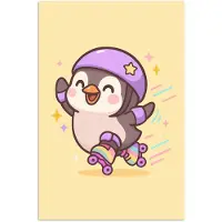 PosterMonkey Poster 80x120 cm - Pinguïn - Rolschaatsen - Geel - Energiek - Posters - Kamer decoratie - Wanddecoratie woonkamer - Muurdecoratie slaapkamer