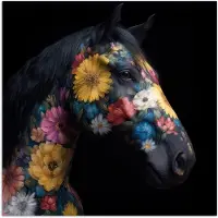 PosterMonkey Poster 100x100 cm - Paard - Bloemen - Zwart - Posters - Kamer decoratie - Wanddecoratie woonkamer - Muurdecoratie slaapkamer XXL