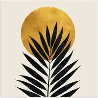PosterMonkey Poster 75x75 cm - Zwart palmblad - Gouden cirkel - Beige achtergrond - Posters - Kamer decoratie - Wanddecoratie woonkamer - Muurdecoratie slaapkamer