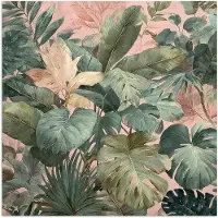 PosterMonkey Poster 100x100 cm - Compositie van bladeren - Groen - Roze - Posters - Kamer decoratie - Wanddecoratie woonkamer - Muurdecoratie slaapkamer XXL