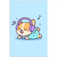 PosterMonkey Poster 20x30 cm - Corgi - Koptelefoon - Blauw - Muzieknoten - Posters - Kamer decoratie - Wanddecoratie woonkamer - Muurdecoratie slaapkamer