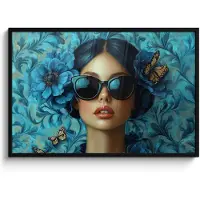PosterMonkey Poster in lijst - Fotolijst 120x80 cm - Posters - Vrouw - Bloemen - Vlinders - Blauw - Abstract - Posterlijst zwart - Decoratie - Wanddecoratie woonkamer - Muurdecoratie slaapkamer