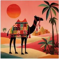PosterMonkey Poster 100x100 cm - Kameel - Gekleurd tapijt - Duinen - Rode zon - Posters - Kamer decoratie - Wanddecoratie woonkamer - Muurdecoratie slaapkamer XXL