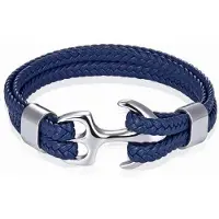 TJ Tom Jaxon Tom Jaxon Heren armband Anker gevlochten Leer Zilverkleurig Blauw - 18cm