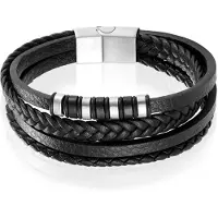 Mendes Leren heren armband Multi Edelstaal Zilverkleurig Zwart - 22.5cm