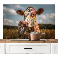 KitchenYeah Spatscherm keuken 120x80 cm - Kookplaat achterwand Koe - Bloemen - Weiland - Muurbeschermer - Spatwand fornuis - Hoogwaardig aluminium