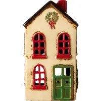 Ib Laursen - Keramieken huisje / kersthuisje - Wit met groene deur en kerstkrans - waxinelichthouder