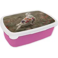 MuchoWow Broodtrommel Roze - Lunchbox Duif - Bloemen - Natuur - Brooddoos 18x12x6 cm - Brood lunch box - Broodtrommels voor kinderen en volwassenen