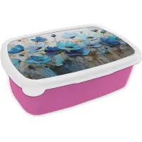MuchoWow Broodtrommel Roze - Lunchbox Bloemen - Schilderij - Blauw - Brooddoos 18x12x6 cm - Brood lunch box - Broodtrommels voor kinderen en volwassenen