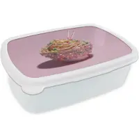 MuchoWow Broodtrommel Wit - Lunchbox Noodles - Edelstenen - Stokjes - Roze - Brooddoos 18x12x6 cm - Brood lunch box - Broodtrommels voor kinderen en volwassenen