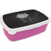 MuchoWow Broodtrommel Roze - Lunchbox Friet - Witte krijttekening - Zwart - Brooddoos 18x12x6 cm - Brood lunch box - Broodtrommels voor kinderen en volwassenen