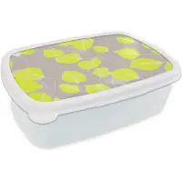 MuchoWow Broodtrommel Wit - Lunchbox Bladeren - Neon - Geel - Lijnen - Brooddoos 18x12x6 cm - Brood lunch box - Broodtrommels voor kinderen en volwassenen