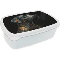 MuchoWow Broodtrommel Wit - Lunchbox Hond - Zwart - Bloemen - Brooddoos 18x12x6 cm - Brood lunch box - Broodtrommels voor kinderen en volwassenen