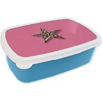 MuchoWow Broodtrommel Blauw - Lunchbox Ster - Luipaard - Print - Roze - Brooddoos 18x12x6 cm - Brood lunch box - Broodtrommels voor kinderen en volwassenen