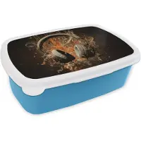 MuchoWow Broodtrommel Blauw - Lunchbox Koptelefoon - Bruin - Dynamische penseelstreken - Brooddoos 18x12x6 cm - Brood lunch box - Broodtrommels voor kinderen en volwassenen