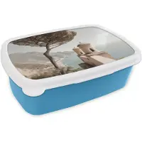 MuchoWow Broodtrommel Blauw - Lunchbox Kust - Klif - Boom - Gebouw - Brooddoos 18x12x6 cm - Brood lunch box - Broodtrommels voor kinderen en volwassenen