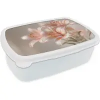 MuchoWow Broodtrommel Wit - Lunchbox Lelies - Meeldraden - Roze - Wazig - Brooddoos 18x12x6 cm - Brood lunch box - Broodtrommels voor kinderen en volwassenen