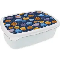 MuchoWow Broodtrommel Wit - Lunchbox Bloemen - Patroon - Blauw - Contrast - Brooddoos 18x12x6 cm - Brood lunch box - Broodtrommels voor kinderen en volwassenen