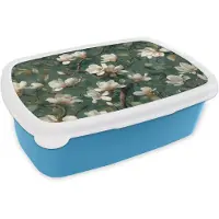 MuchoWow Broodtrommel Blauw - Lunchbox Bloemen - Takken - Wit - Klassiek - Brooddoos 18x12x6 cm - Brood lunch box - Broodtrommels voor kinderen en volwassenen