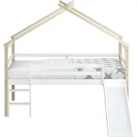 Sunny River Bedhuisje van Hout met Glijbaan in Bruin & Wit | Halfhoog Kinderbed / Halfhoogslaper Zonder Matras | 213x97cm | Voor Matrasmaat 90x200cm